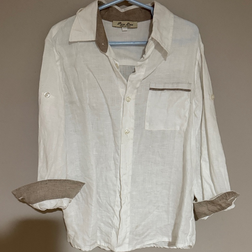 White and Tan Boys Linen Shirt